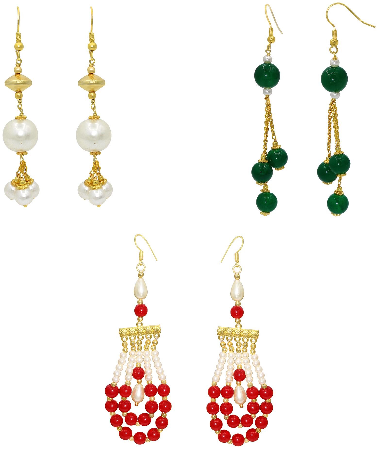 

Memoir White Faux Pearls and Red Beaded Colourful 3 Pairs in Combo Earrings