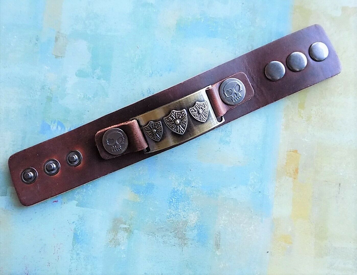 

Men s Ancient Roman Protection Shield with Skulls Leather Fashion Bracelet