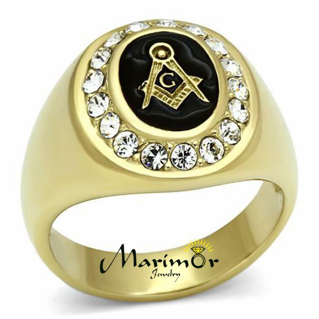 

Men s Stainless Steel 14k Gold I P Crystal Masonic Freemason Ring Band Sz 8-13