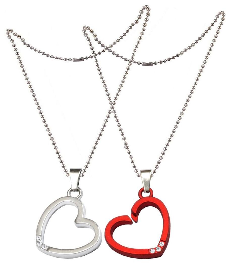 

Men Style New 2 pcs Couple Crystal Heart Friend For Friendship Gift (2 pieces - his and her) Red and Silver Heart Pendant