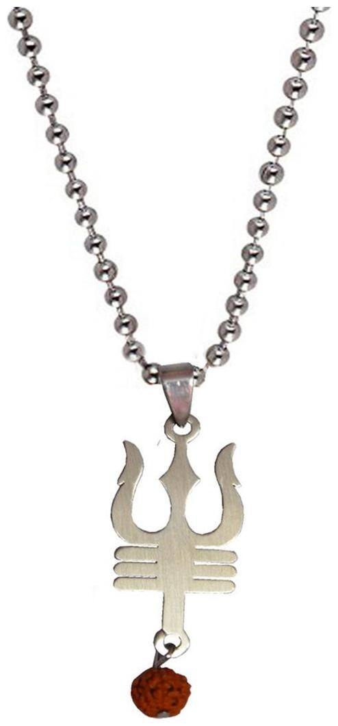 Men Style Shiv Trishul With Rudhrash Silver Stainless Steel Pendent For Men And Women