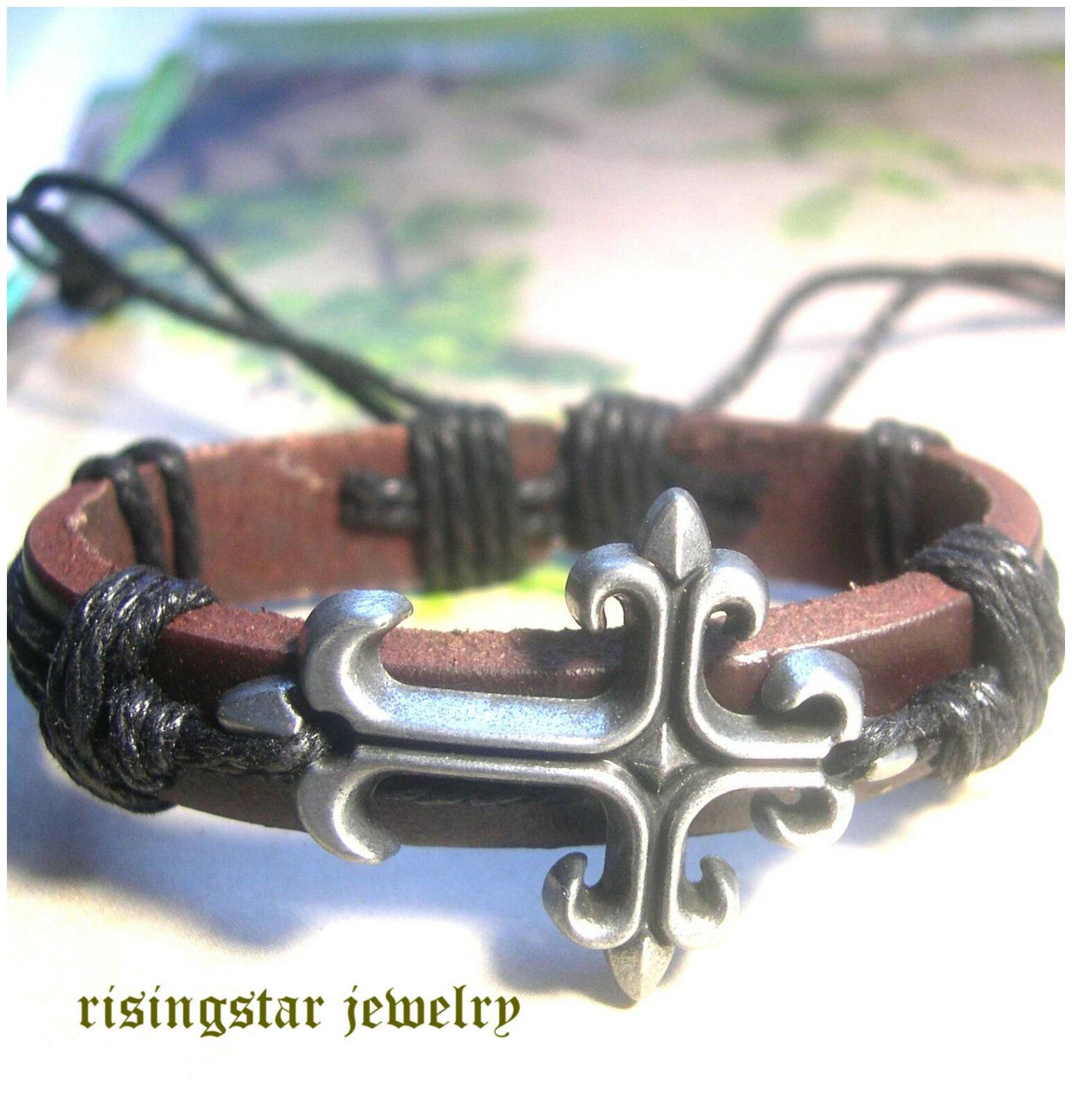 

Men Trinity Cross New Age Surfer Biker Character Leather Bracelet Wristband