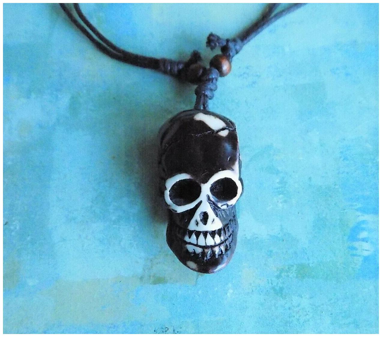 

Men Women Dark Brown Skull Embossed Amulet New Age Characters Necklace