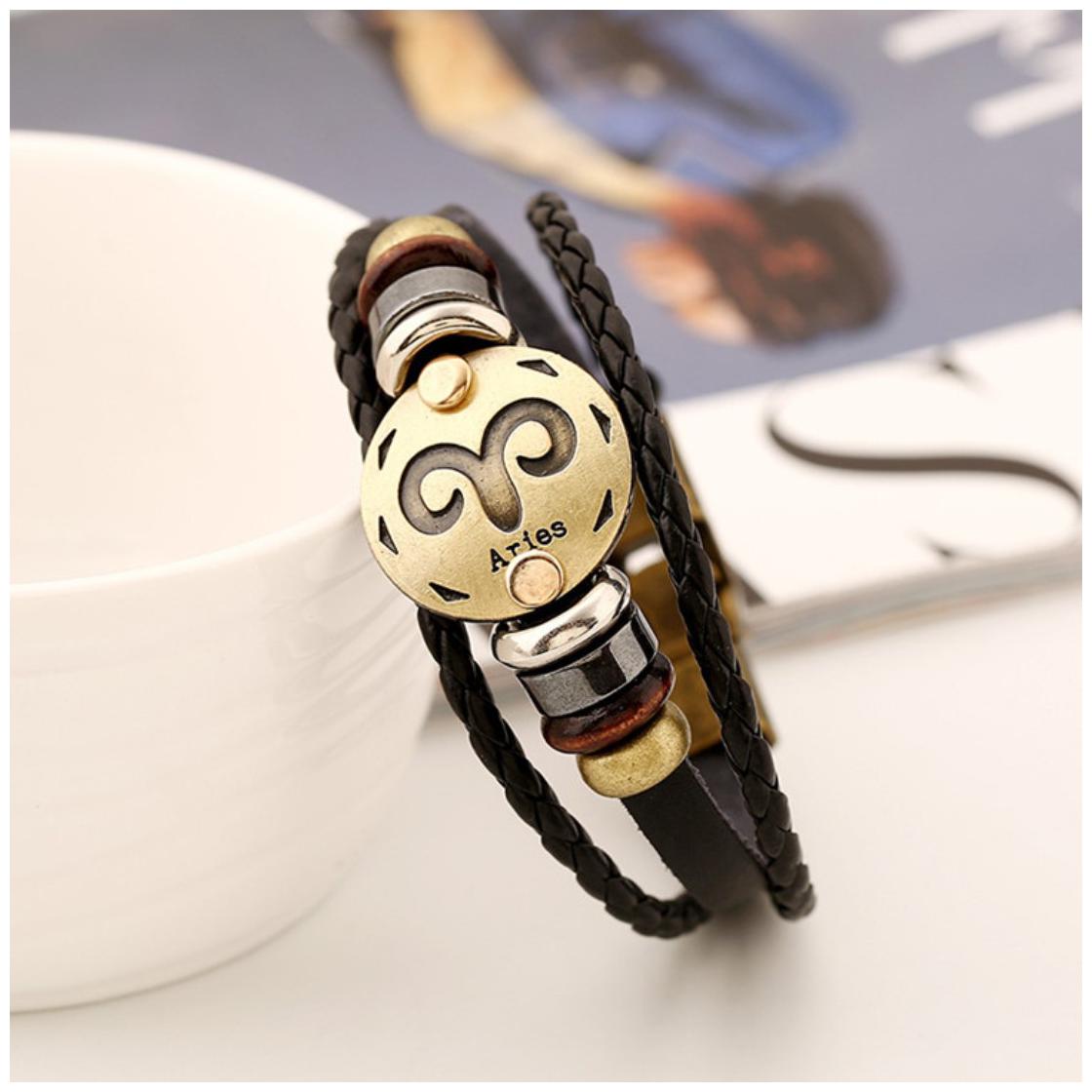 

Mens Bracelet Aries Zodiac Black Leather Unisex Bracelet (J012) by The Fashion for Sure