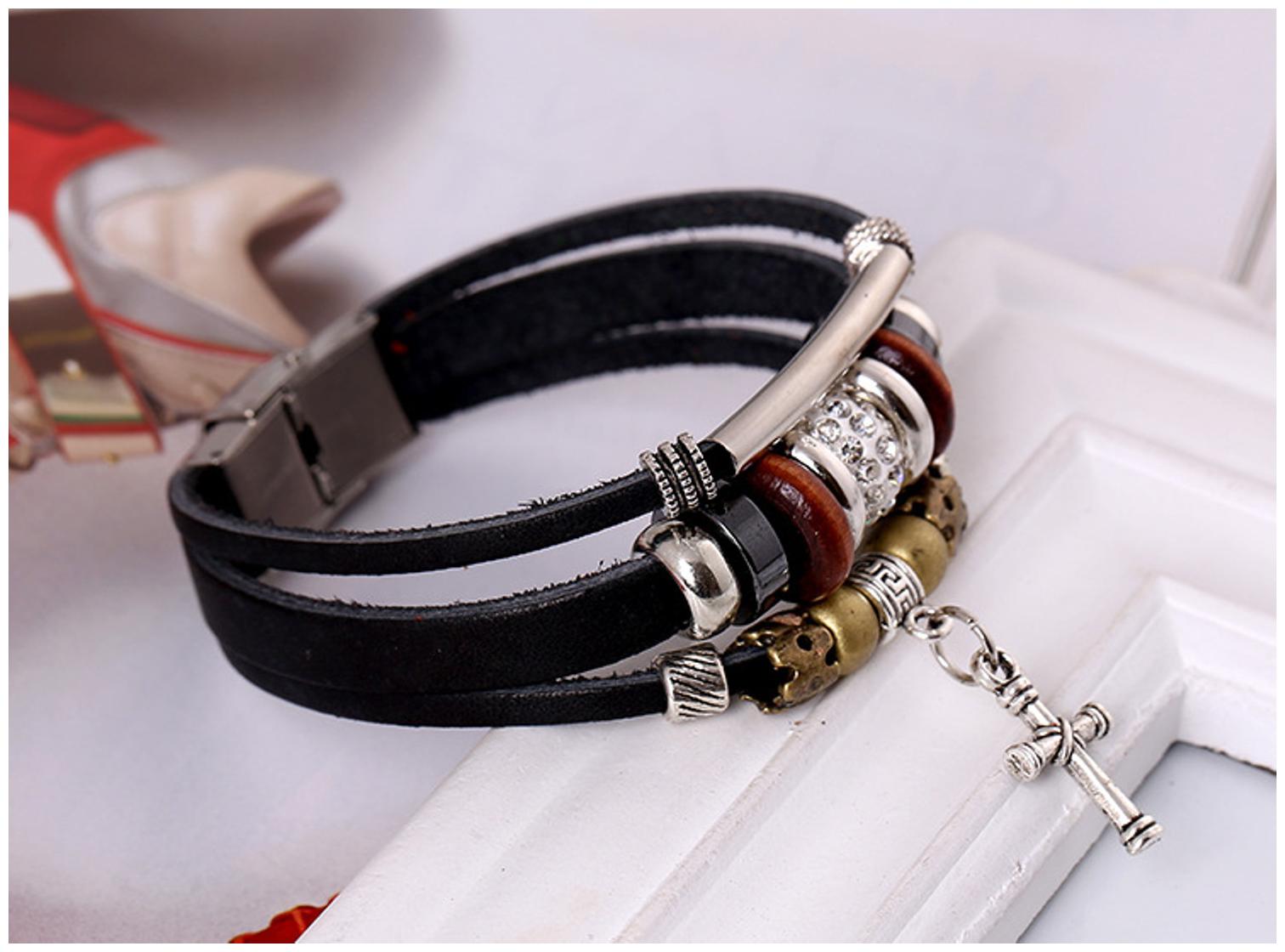 

Mens Bracelet A Jesus CRIS god Symbol in Silver Metal with 3 Layer of Woven Leather Bracelet (J106) by The Fashion for Sure
