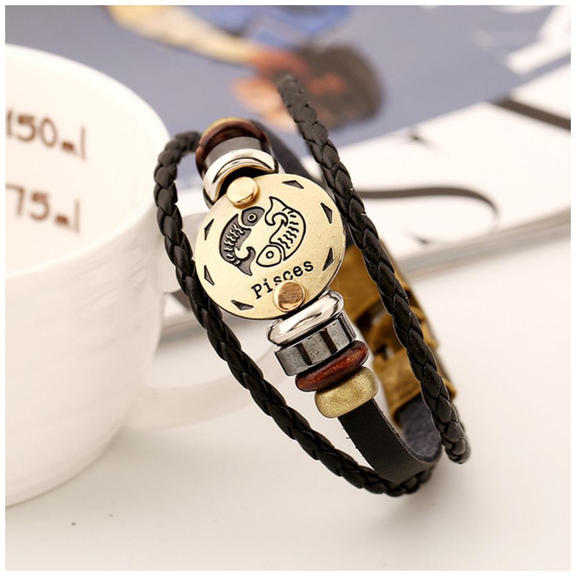

Mens Bracelet Pisces Zodiac Black Leather Unisex Bracelet (J06) by The Fashion for Sure