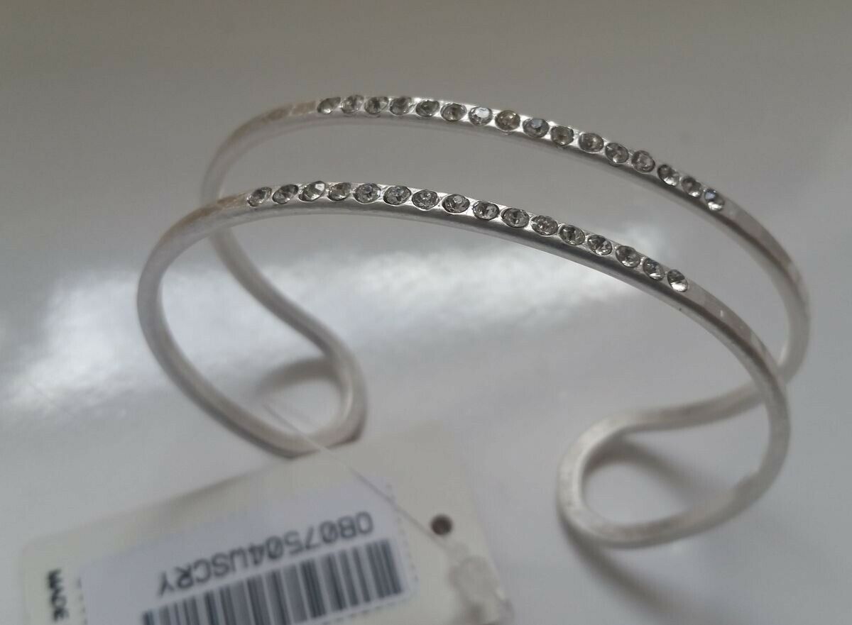 

Metal Hammered Silver-tone Open Cuff Bracelet with crystals X0-6 22