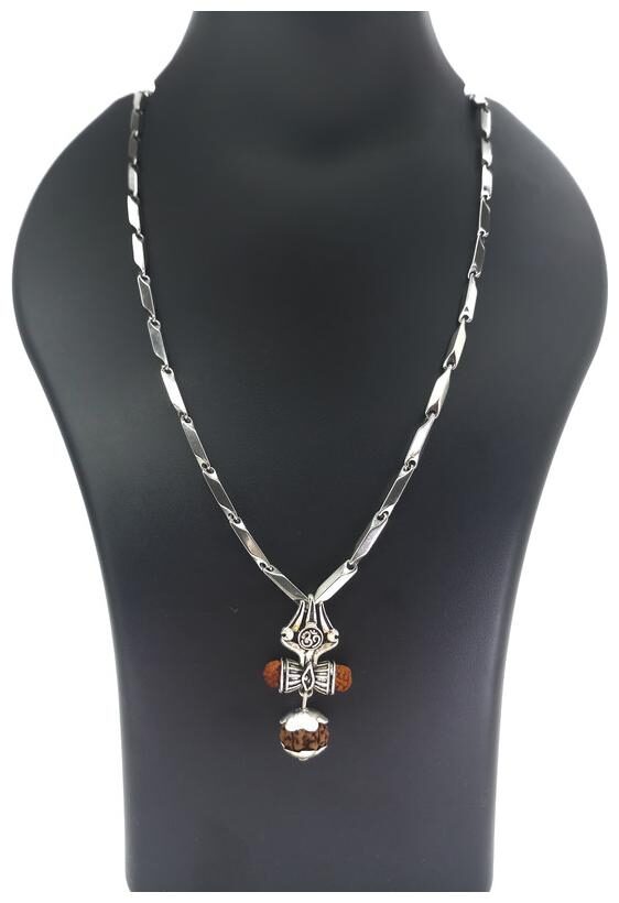 

Minprice Italian Stainless Steel Silver Metal Chain with Trishul Damaru Silver Pendant for Men And Boy