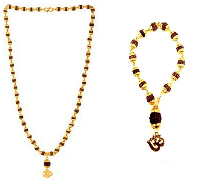 

Minprice Rudraksha Om Pendant 6mm Bread Mala And Bracelet Combo In Gold Plated Cap