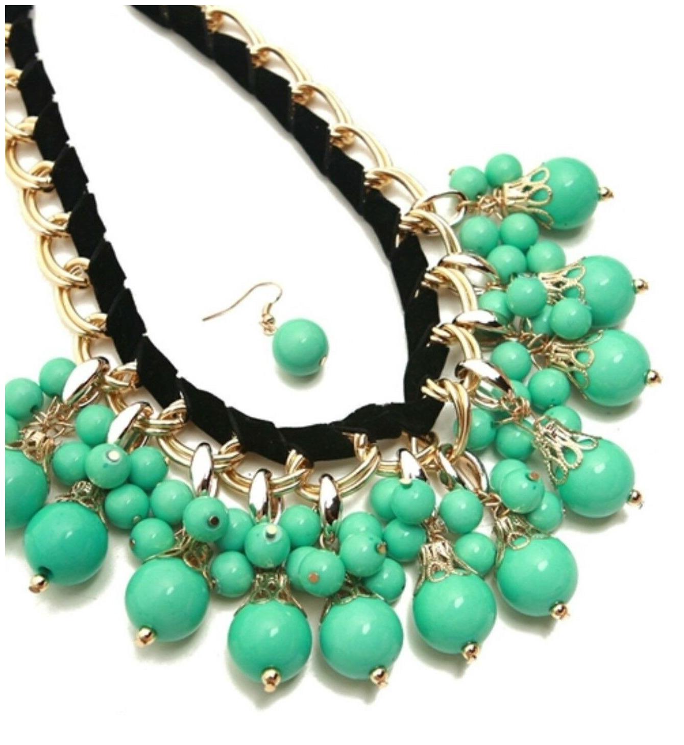 

Mint Green Multi-Layer Pearl Beading W Black Gold Bib Necklace