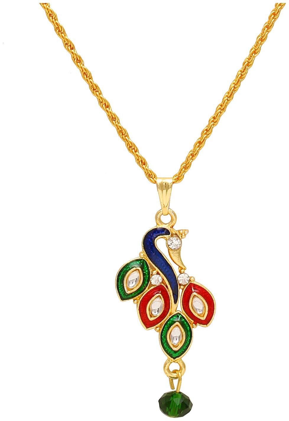 

MissMIster Brass (CZ) Cubic Zircon (AD) Meenakari Peacock chain necklace pendant 24KT Real 1 Micron Yellow Gold Cubic Zirconia Brass Pendant