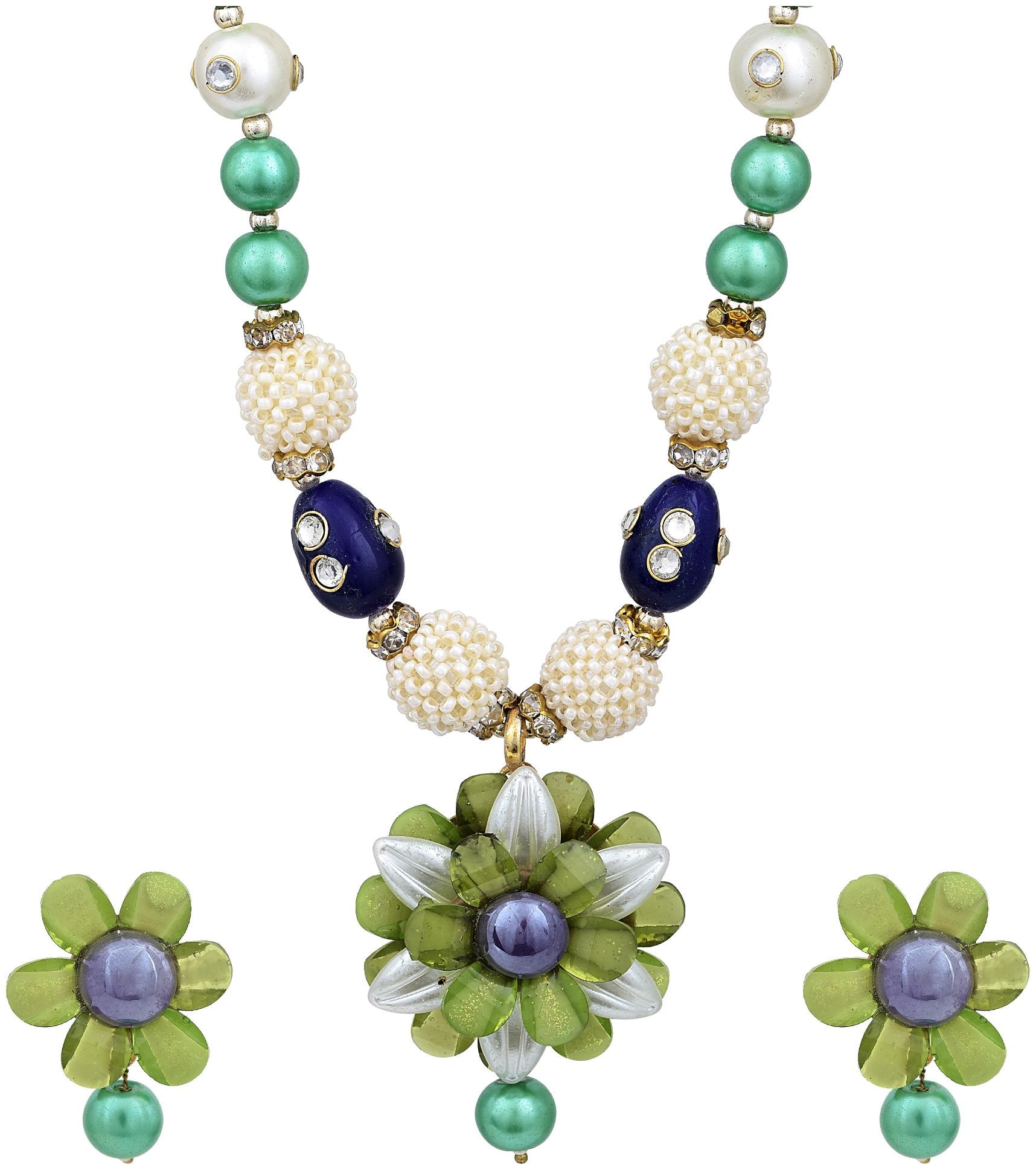 

MissMister Gold Plated Brass Crystal Flakes with multicolor Pearls Floral Design Necklace Set for Women Girls