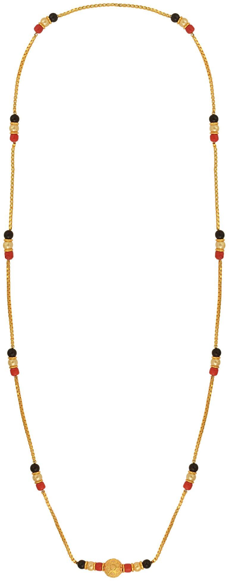 

MissMister Gold Finish Brass Coral Pearl and Black Onyx Long Suhagan Traditional Fashion Chain Necklace