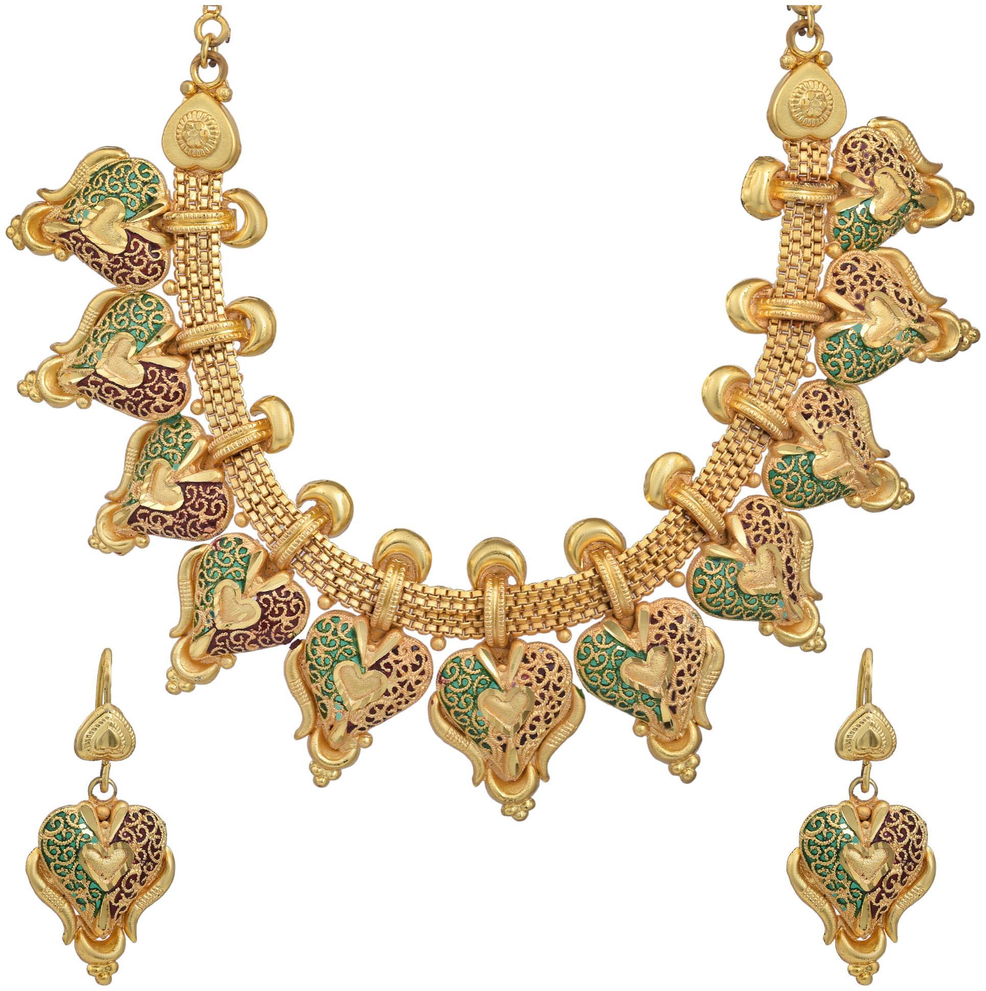 

MissMister Gold Plated Brass Heart Shape Design Red and Green Meenakari Hand CraftedNecklace Set for Women