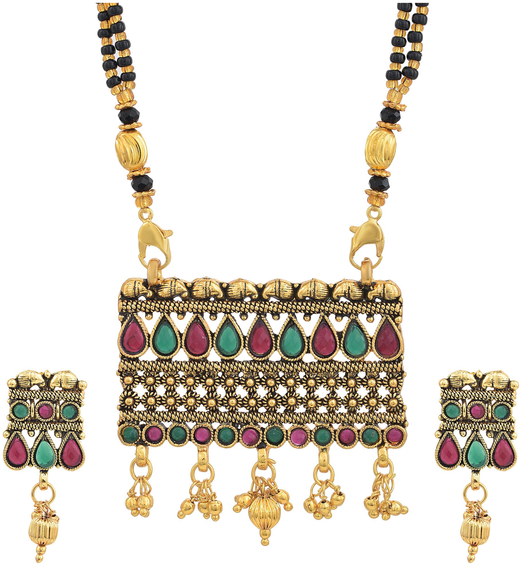 

MissMister Gold Plated Semi Precious Stone Traditional Long Mangalsutra with Matching Earrings