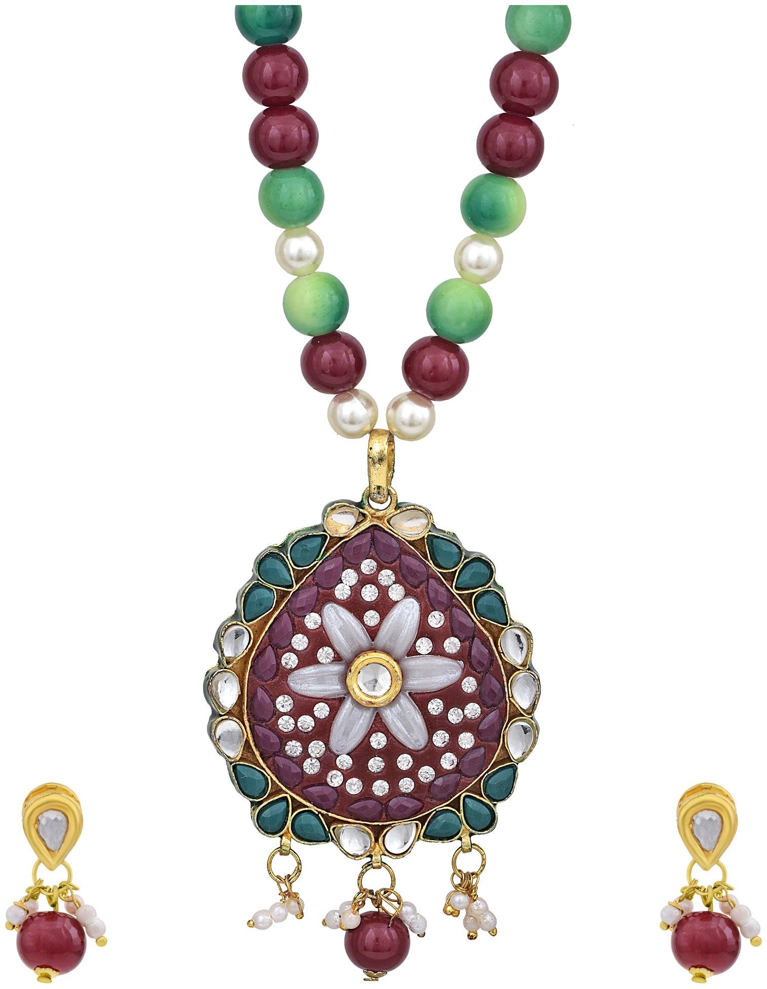 

MissMister Gold Plated Brass Faux Ruby Emerald StuddedThewa Look Ethnic Necklace Set for Women