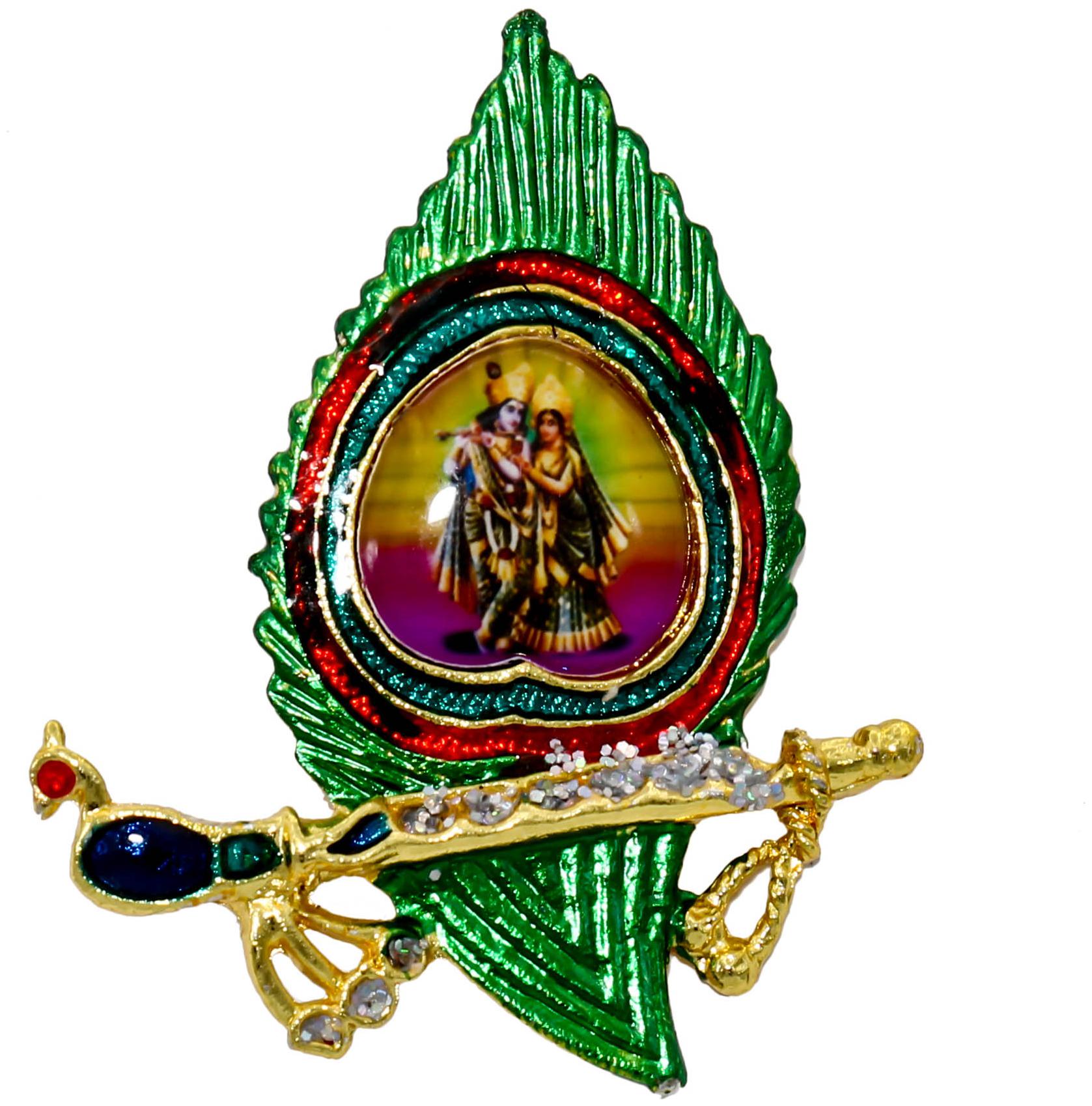 

MissMister Gold Plated Green Enamelled Krishna Peacock Feather Flute Design Sareepin Brooch