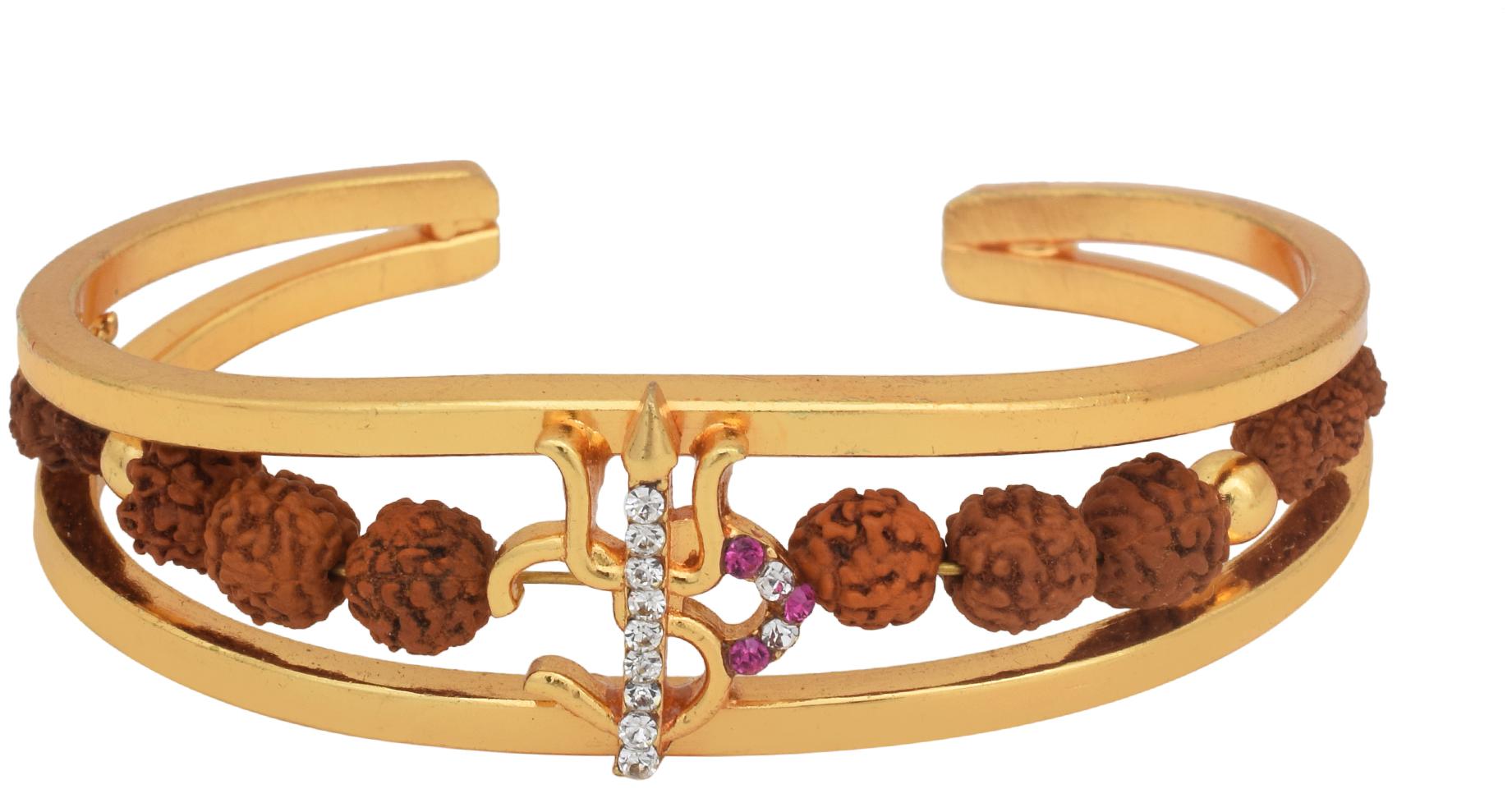 

MissMister Gold plated brass CZ studded OM trishul design Rudraksh free size Bangle Bracelet Cuff Kada Temple jewellery