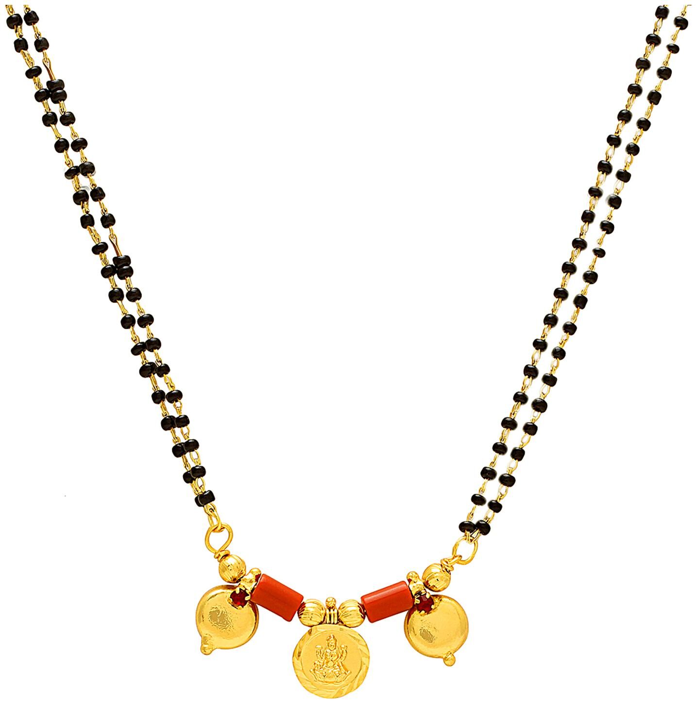 

MissMister Gold Coated Over Brass 3 wati Lakshmi Laxmi Coin Faux Ruby Studded 30 inch Mangalsutra tanmaniya Jewellery for Women