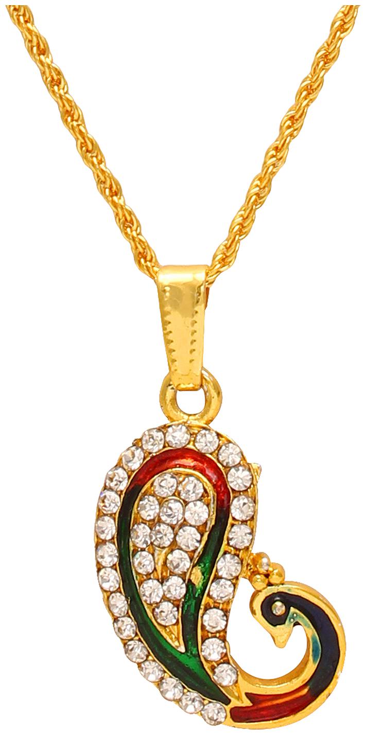 

MissMIster Gold Plated CZ Meenakari Designer Peacock Shape Ethnic Chain Pendant Necklace Jewellery Women