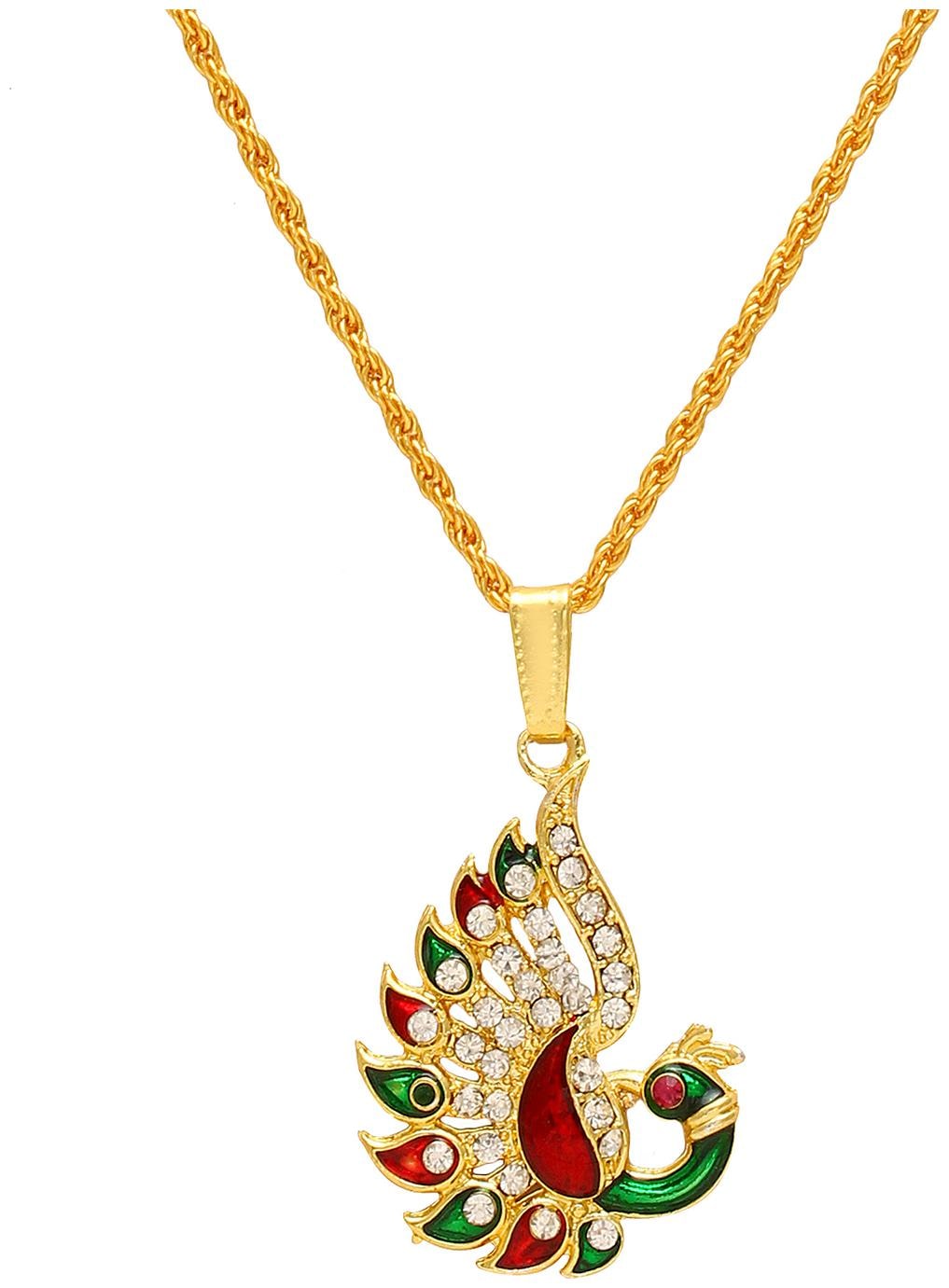 

MissMIster Gold Plated CZ Meenakari Peacock Shape Ethnic Chain Pendant Necklace Jewellery Women