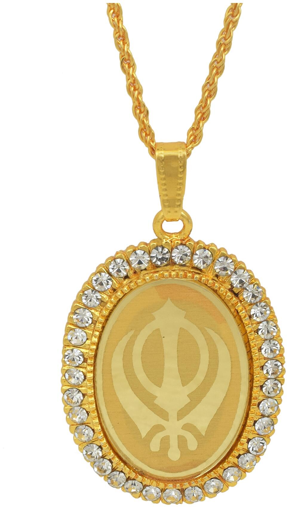 

MissMIster Gold plated CZ studded KHANDA embossed Sikh sardar punjabi khalsa pendant jewellery necklace