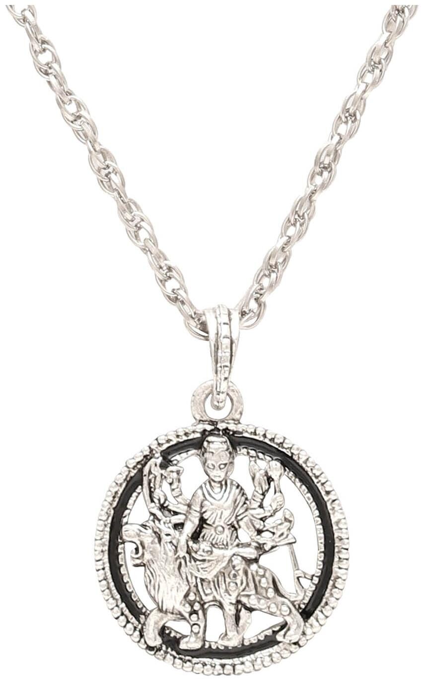 

MissMister Silver Plated Round Shape Durga Sherawali MATA Chain Pendant Locket Necklace Temple Jewellery