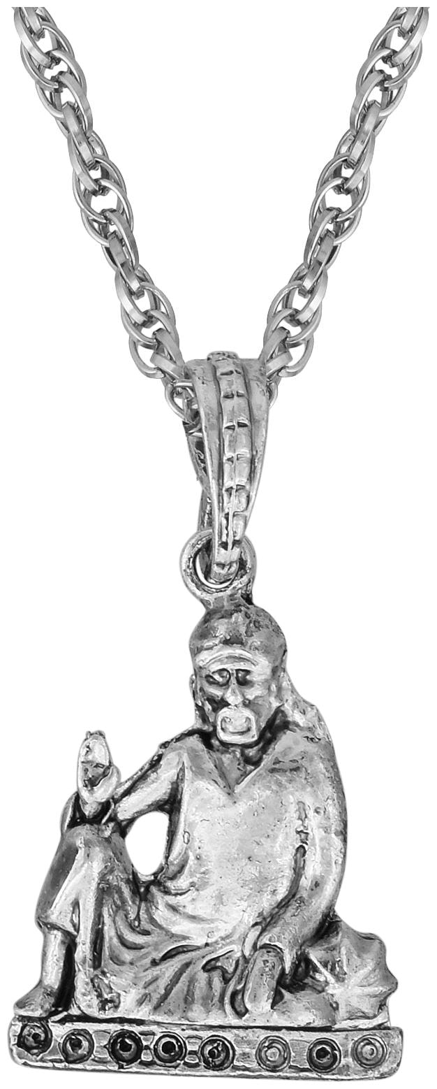 

MissMister Silver Plated Brass Shirdi Sai Baba Sitting Image Hindu God Chain Ethnic Pendant