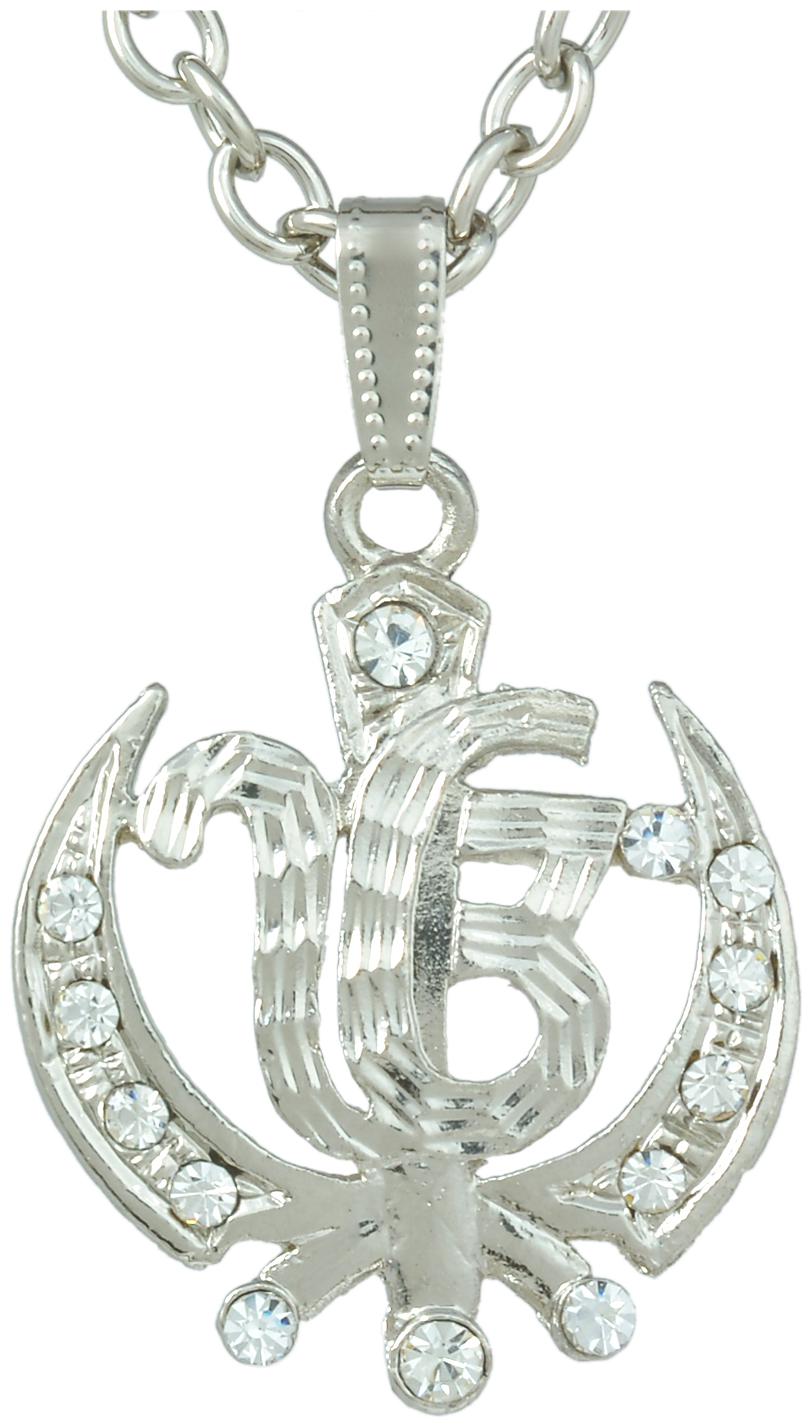 

MissMister Silver Plated Brass White CZ Studded Ek Omkar Khanda Sikh Punjabi Khalsa Ethnic Chain Stylish Fashion pendant Necklace
