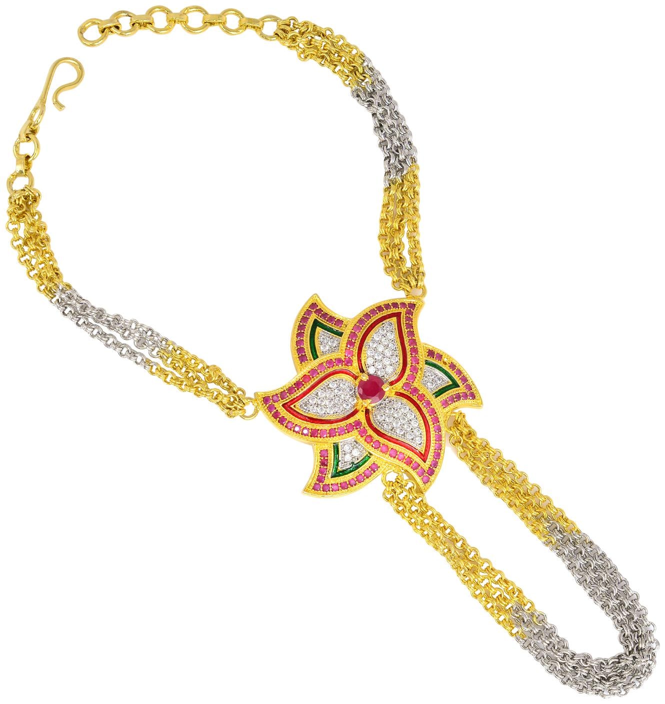 

MissMister Yellow and White CZ Gold plated Hathphool meenakari Bridal wedding marriage jewellery fingering attached bracelet Bracelet for Women