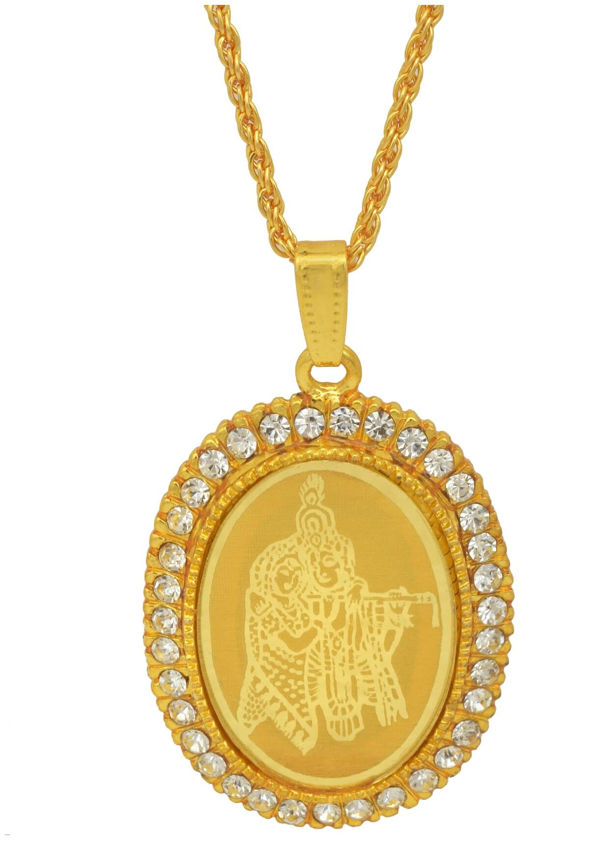 

MissMIsterGold Plated CZ American Diamond Radha Krishna Image Embossed Oval God Pendant Locket Chain Necklace Temple Jewelry