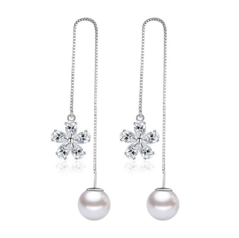

Mizorri 925 Sterling Silver Pearl Crystal Flower Long Drop Earrings
