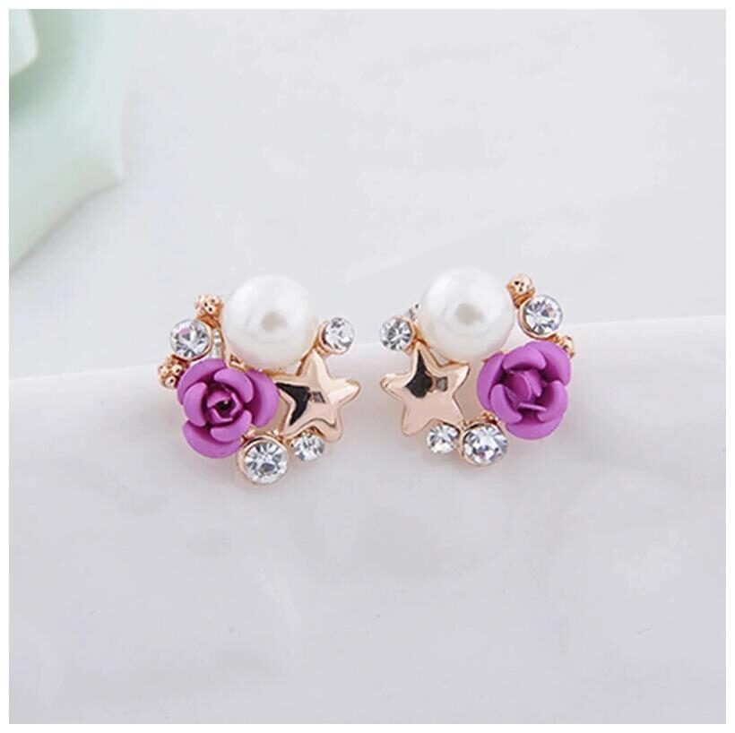 

Mizorri Luxury Gold Plated Purple Rose Rhinestones Pearl Star Earrings