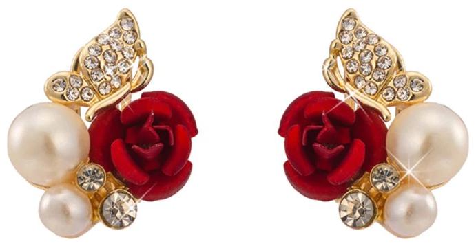

Mizorri Luxury Gold Plated Red Rose Rhinestones Butterfly Pearl Earrings