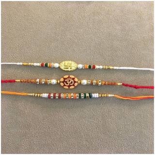 MJR COMBO of  3 Rakhi /  Rakhi Gift for Brother with Rakhi Card & Roli Chawal / Pearl / Crystal rakhi