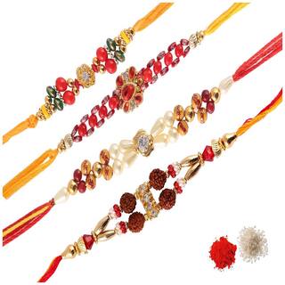MJR COMBO of  4 Rakhi /  Rakhi Gift for Brother with Rakhi Card & Roli Chawal / Pearl / Crystal rakhi