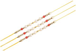MJR COMBO of  3 Rakhi /  Rakhi Gift for Brother with Rakhi Card & Roli Chawal / Pearl / Crystal rakhi
