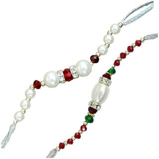 MJR COMBO of  2 Rakhi /  Rakhi Gift for Brother with Rakhi Card & Roli Chawal / Pearl / Crystal rakhi