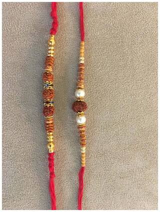 MJR COMBO of  2 Rakhi /  Rakhi Gift for Brother with Rakhi Card & Roli Chawal / Pearl / Crystal rakhi