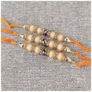 MJR COMBO of  3 Rakhi /  Rakhi Gift for Brother with Rakhi Card & Roli Chawal / Pearl / Crystal rakhi