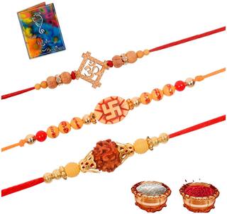 MJR COMBO of  3 Rakhi /  Rakhi Gift for Brother with Rakhi Card & Roli Chawal / Pearl / Crystal rakhi