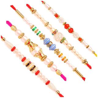 MJR Designer set of 5 Pearl / Rudraksh / OM / Swastik / Crystal / Ganesha / Beads / Rakhi for Men  / Boys / Brother, Rakhi Card with Roli Chawal