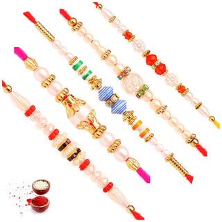 MJR Designer set of 5 Pearl / Rudraksh / OM / Swastik / Crystal / Ganesha / Beads / Rakhi for Men  / Boys / Brother, Rakhi Card with Roli Chawal