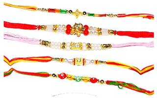 MJR Designer set of 5 Pearl / Rudraksh / OM / Swastik / Crystal / Ganesha / Beads / Rakhi for Men  / Boys / Brother, Rakhi Card with Roli Chawal