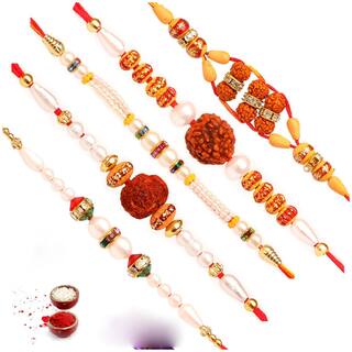 MJR Designer set of 5 Pearl / Rudraksh / OM / Swastik / Crystal / Ganesha / Beads / Rakhi for Men  / Boys / Brother, Rakhi Card with Roli Chawal