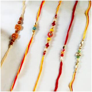 MJR Handmade pack of 5 Designer Rakhi with Pooja Accesory
