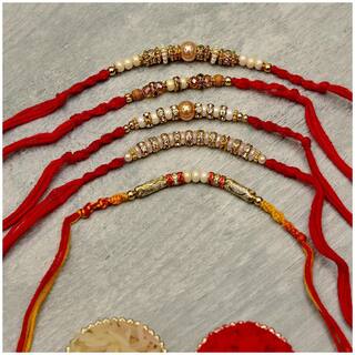 MJR Rakhi Set Multicolor pack of 5 Designer Rakhi with Pooja Accesory