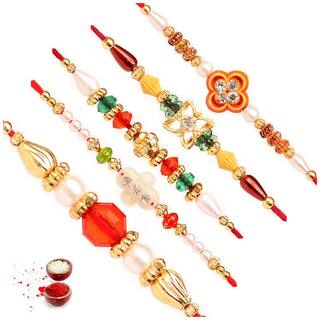 MJR Rakhi Set Multicolor pack of 5 Designer Rakhi with Pooja Accesory