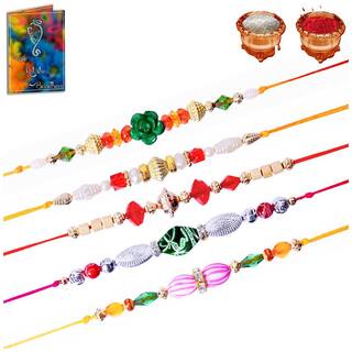 MJR Rakshabandhan Special Designer Rakhi Combo of 5 Rakhi, Rakhi Card with Roli Chawal