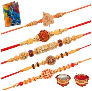 MJR Set of  5 Designer Rakhi for Rakshabandhan with Rakhi Card & Roli Chawal